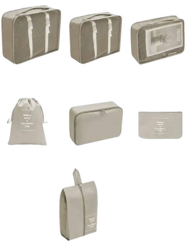 Beige trendy travel organizer set for stylish travel storage and wild color shenanigans