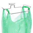 Trendy trash rack for stainless steel cabinet with green plastic bag in kitchen