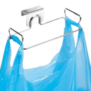 Over-the-cabinet trash rack with blue plastic bags for stainless steel cabinet storage