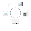 Smart home automation diagram showing Tuya Bluetooth Gateway and humidity sensor for indoor climate