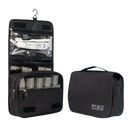 Black toiletry bags on trendy waterproof makeup organizer for stylish travel prep
