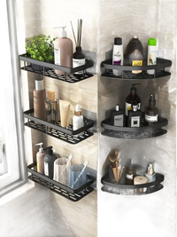 Black bathroom shelves with toiletries.