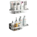 Silver bathroom shelves with toiletries.