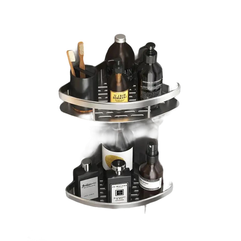 Two-tiered corner bathroom shelf.