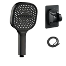 Black square shower head with hose and mount.