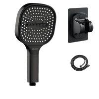 Black square shower head with hose and mount.