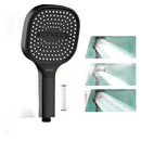 Black square shower head with multiple spray patterns.