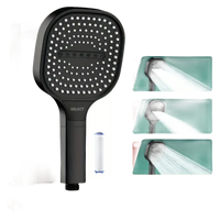 Black square shower head with multiple spray patterns.