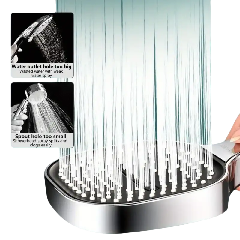 Chrome shower head with water streams.