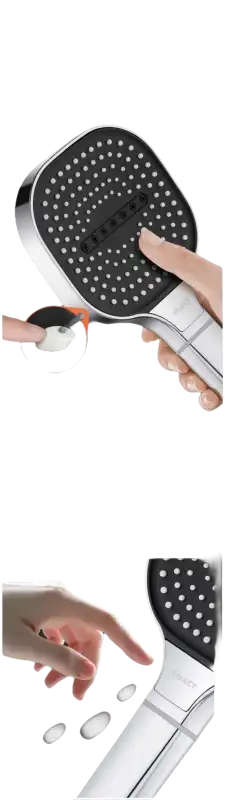 Handheld shower head with easy-clean silicone nozzles.