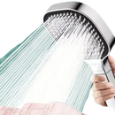 Handheld shower head with water streams.