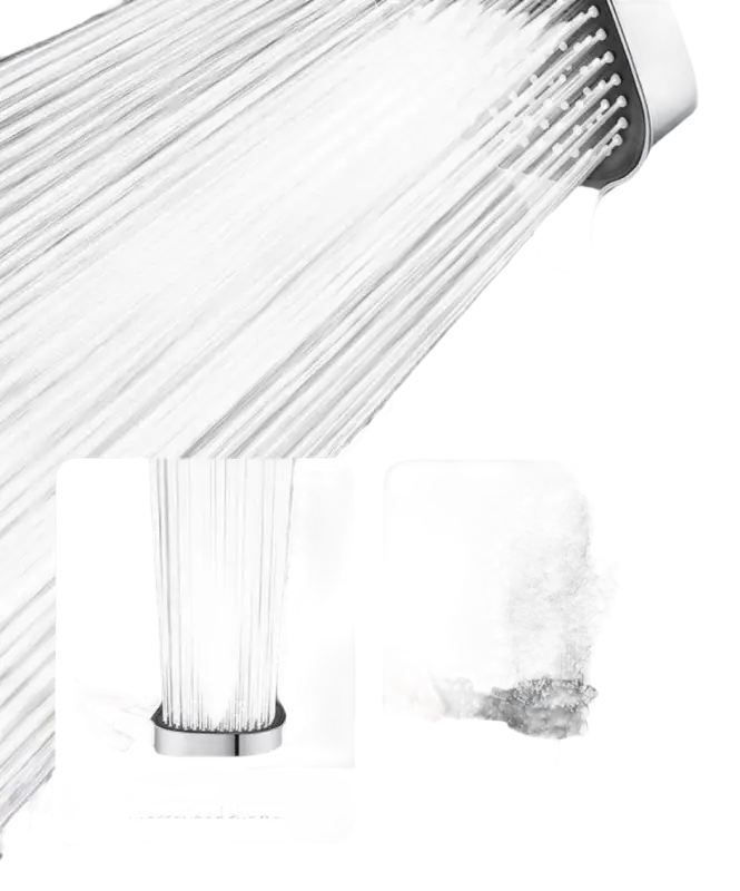 Pressurized shower head with multiple spray options.