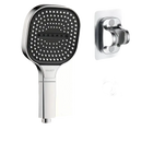 Square chrome shower head with hose and holder.