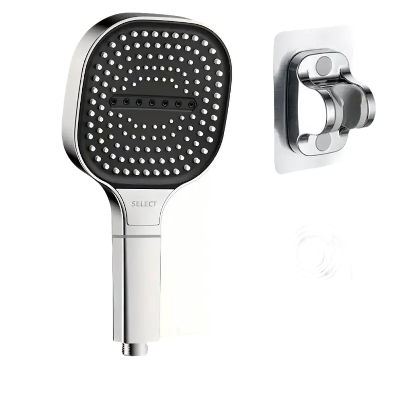 Square chrome shower head with hose and holder.