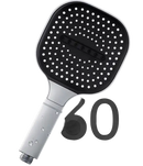 Square, handheld shower head with silver handle.