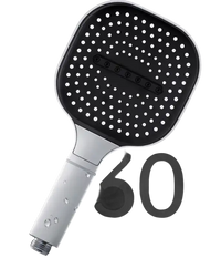 Square, handheld shower head with silver handle.