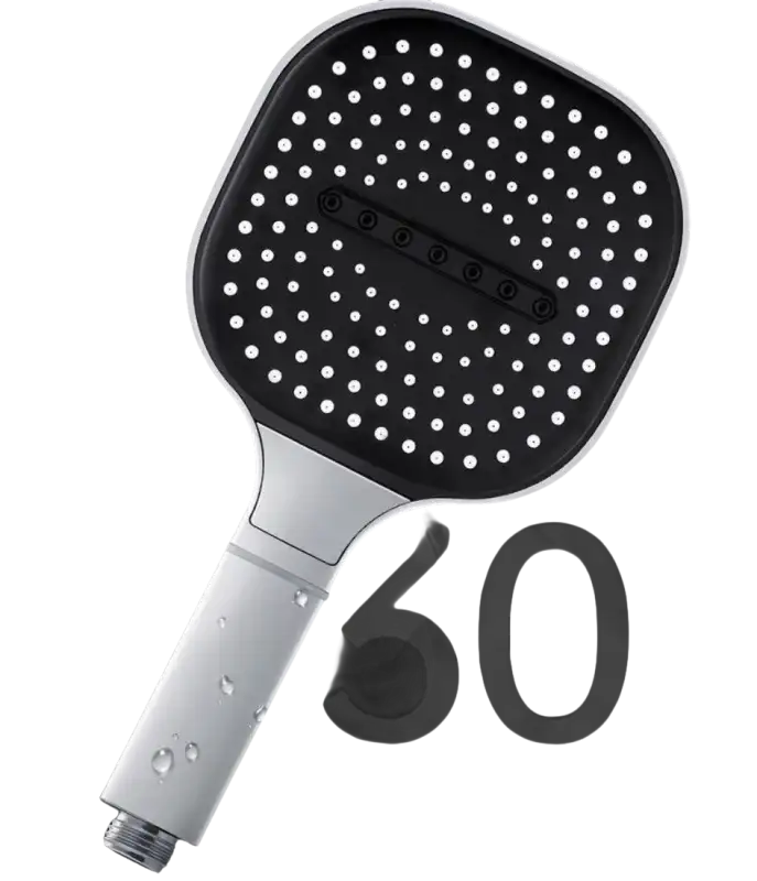 Square, handheld shower head with silver handle.