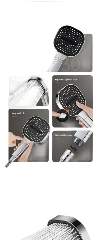 Square shower head with multiple spray patterns.