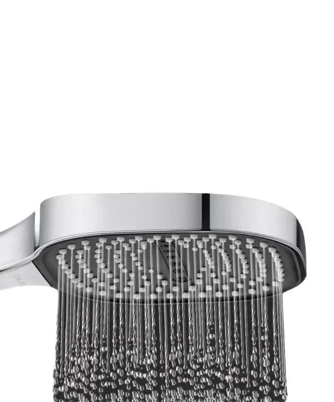 Square shower head with water flowing.