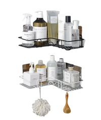 Corner bathroom shelves with toiletries.