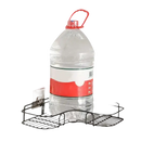 Black wire corner shelf holding a large water bottle.