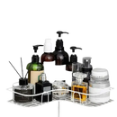 White corner shelf with toiletries.