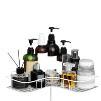 White corner shelf with toiletries.