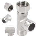 Silver-colored metal T-shaped plumbing fitting.