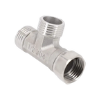 Silver metal T-shaped pipe fitting.
