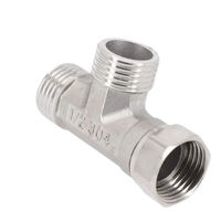 Silver metal T-shaped pipe fitting.