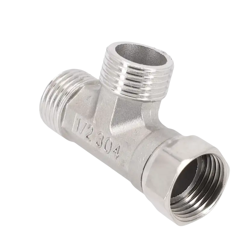 Silver metal T-shaped pipe fitting.