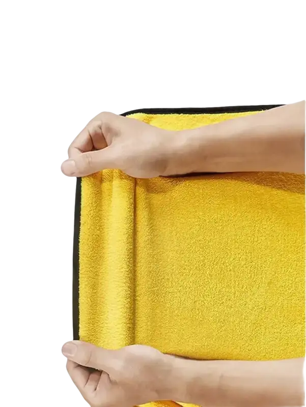 Thick, durable yellow towel.