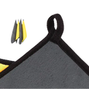 Gray and yellow cleaning towel with hanging loop.