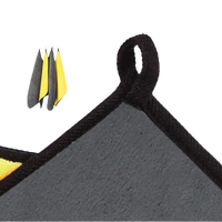 Gray and yellow cleaning towel with hanging loop.