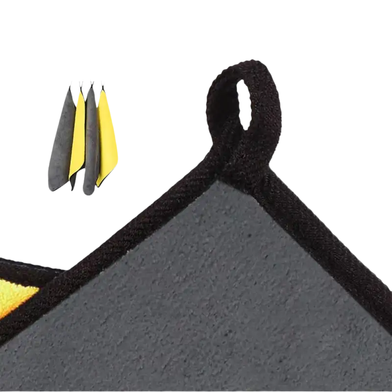 Gray and yellow cleaning towel with hanging loop.
