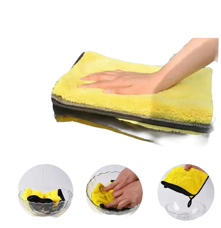 Yellow and black absorbent cleaning cloth.