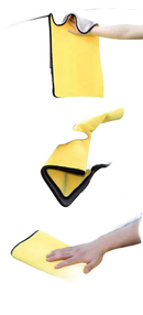 Yellow microfiber cleaning cloth with black trim.
