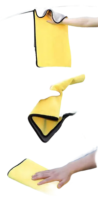 Yellow microfiber cleaning cloth with black trim.