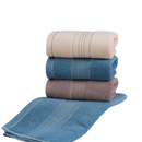 Stacked, striped bath towels.