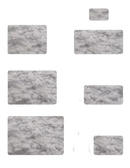 Fluffy gray rugs with size comparisons.