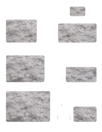 Fluffy gray rugs with size comparisons.