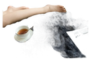 Gray shag rug with tea and a magazine.