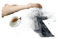 Gray shag rug with tea and a magazine.
