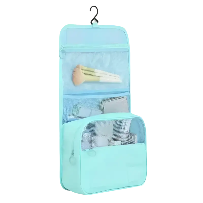 Aqua hanging toiletry bag.