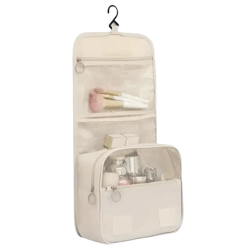 Hanging beige cosmetic bag.