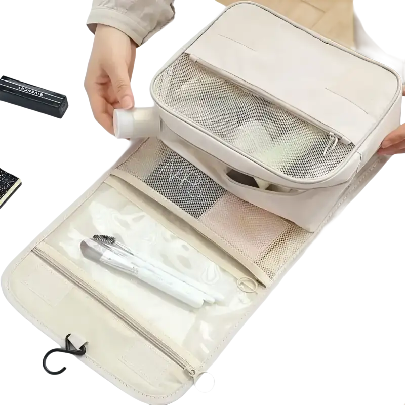 Beige hanging travel toiletry bag.