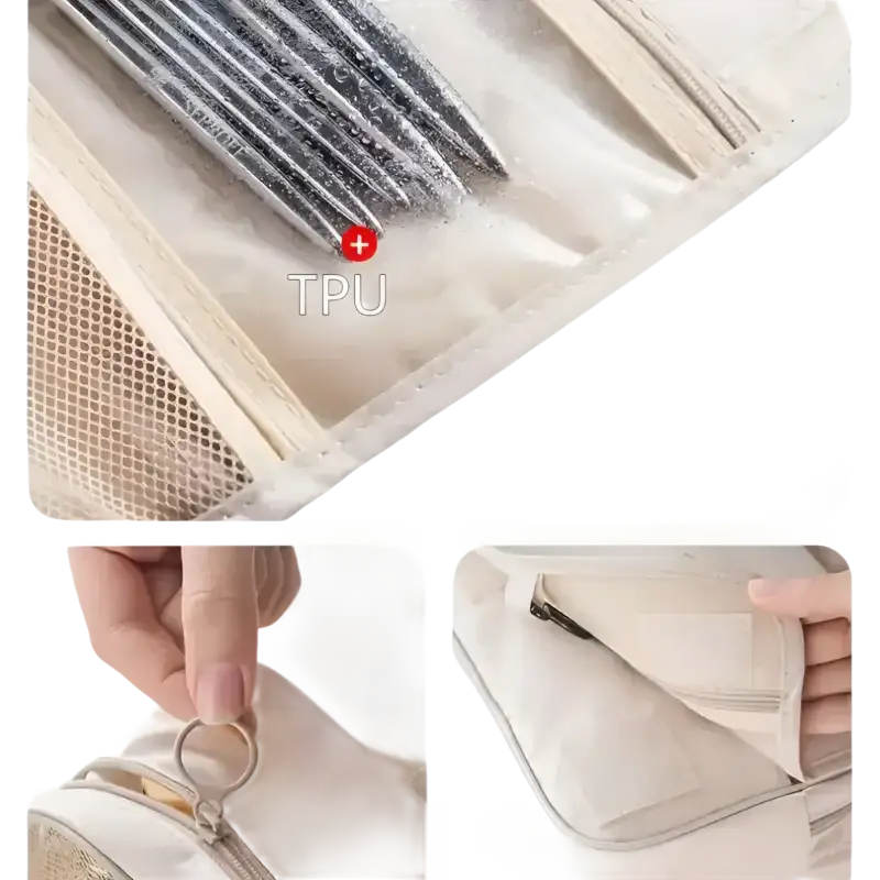 Beige hanging toiletry bag.