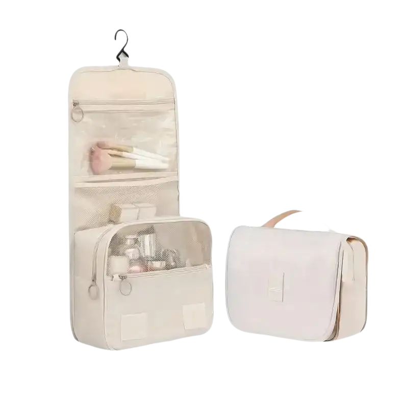 Beige hanging toiletry bag with dimensions.