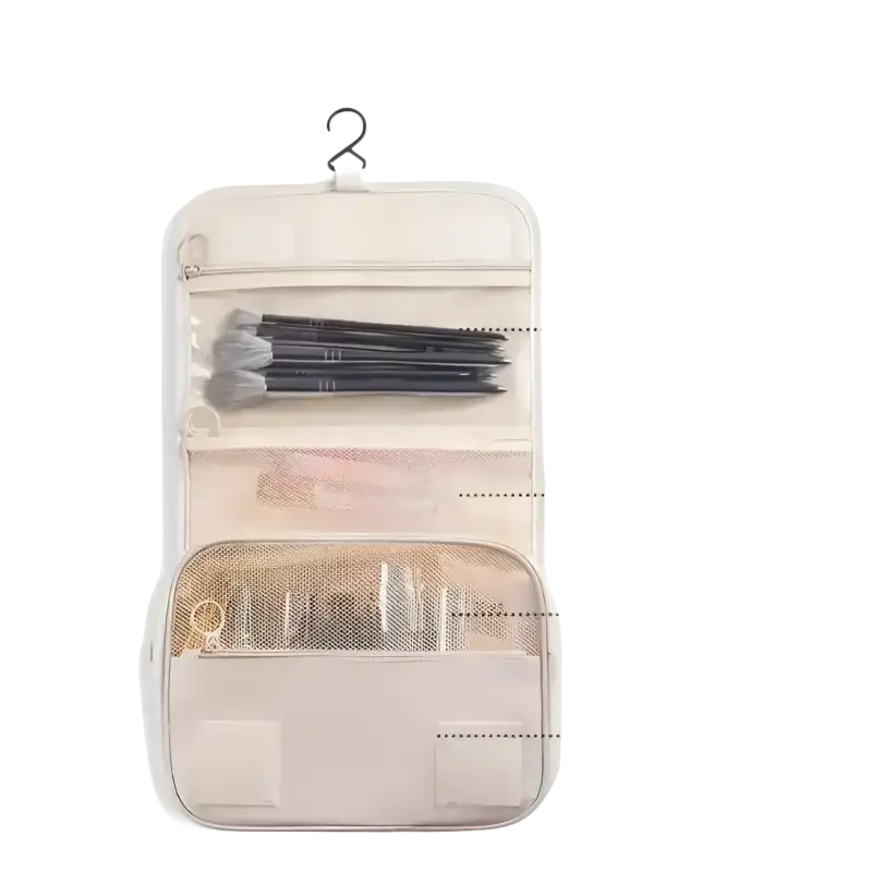 Hanging cosmetic organizer with multiple compartments.