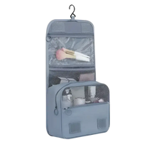 Gray hanging toiletry bag.